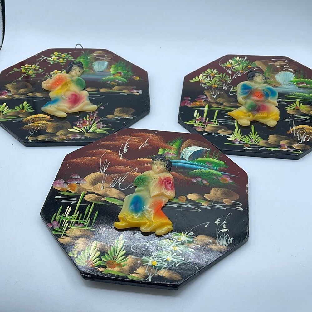 Vintage Japan MCM lacquer painted raised figurines artwork. Set of 3